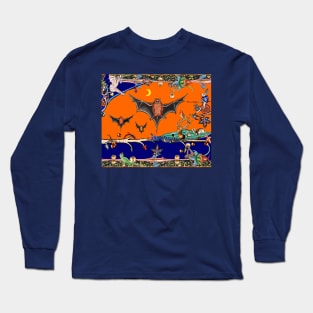 WEIRD MEDIEVAL BESTIARY,FLYING BATS IN NIGHT BLUE ORANGE ,UNICORN,KILLER RABBIT Long Sleeve T-Shirt